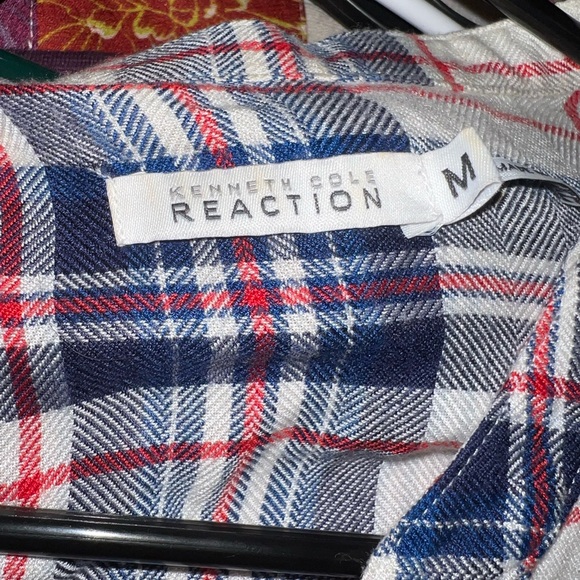 Kenneth Cole Reaction plaid striped button down sz Md blue red and white flannel - Picture 3 of 3